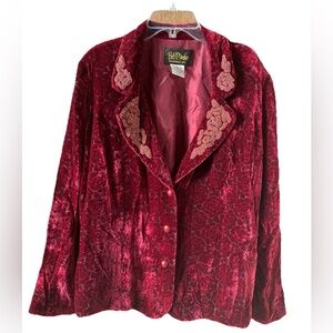 Bob Mackie Wearable Art Maroon Red Velvet Silk Floral Beaded Lapel Blazer Size L